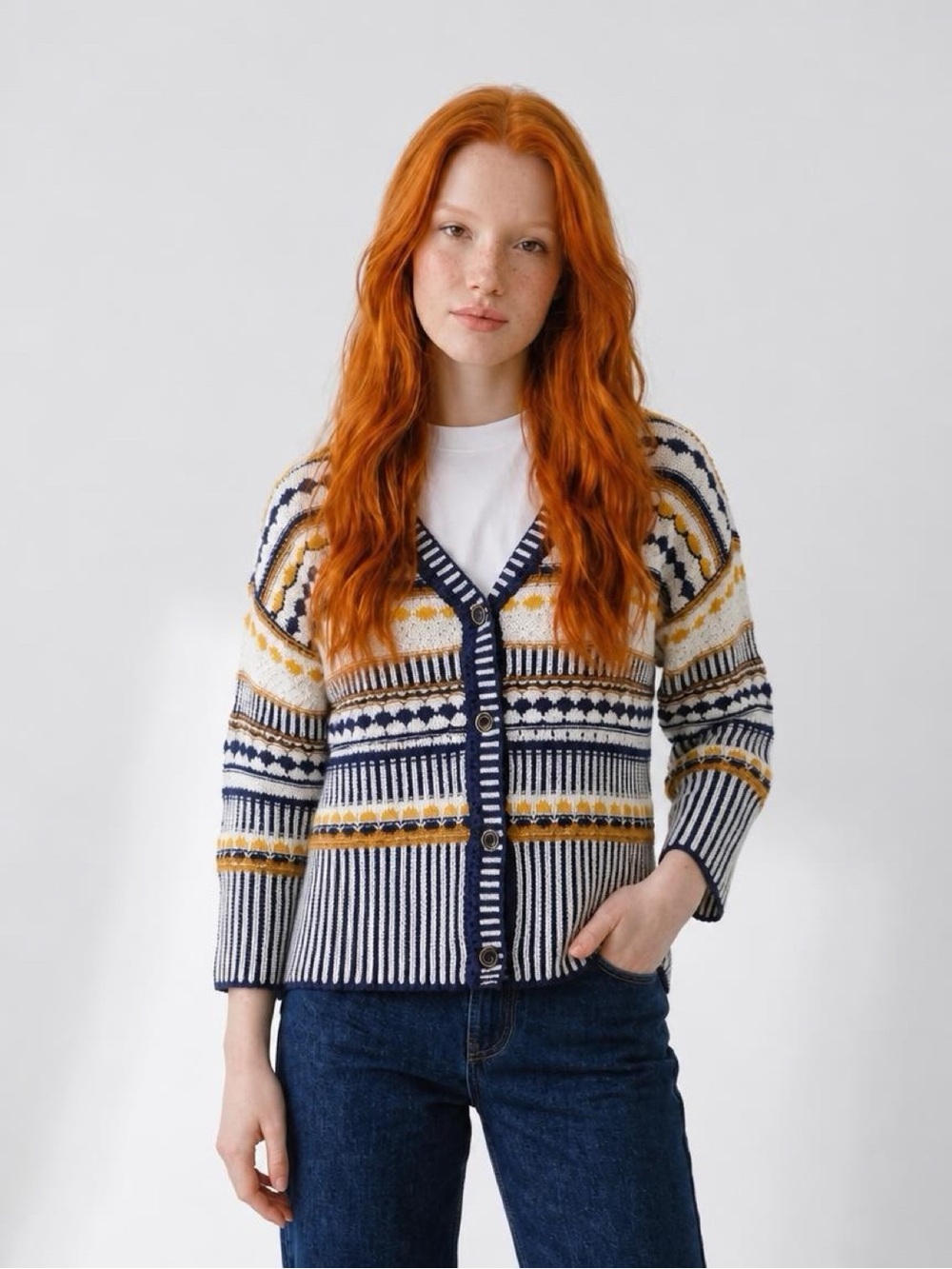 Marc New York Navy, Mustard and Cream Striped V-Neck Button Cardigan